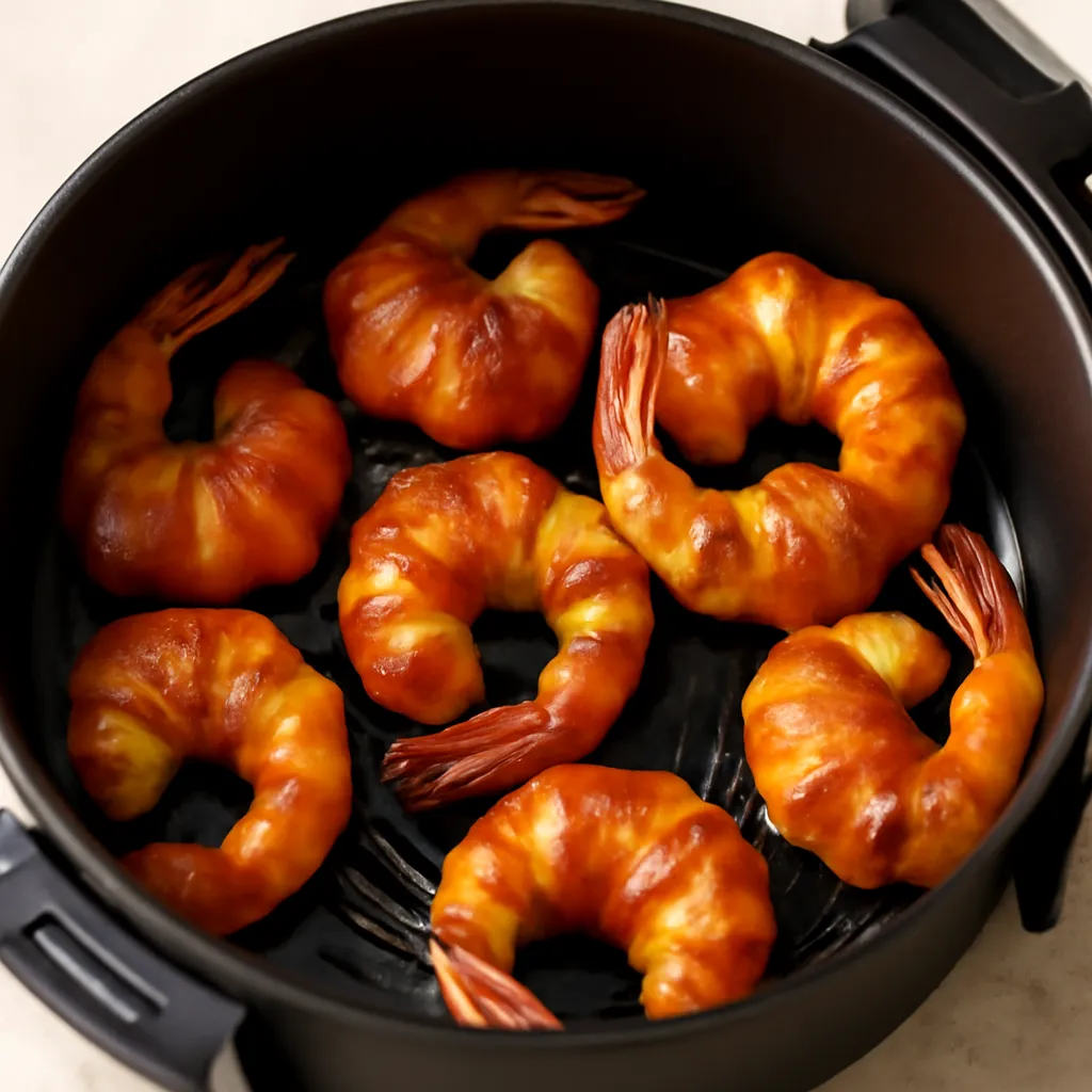 Air Fryer Bacon Wrapped Shrimp served hot