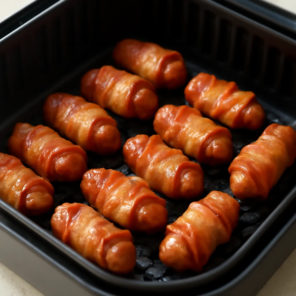 Air Fryer Bacon Wrapped Smokies served hot