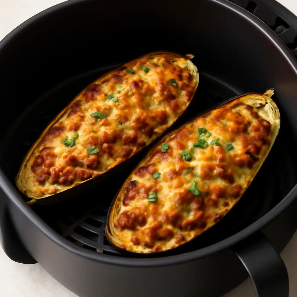 Air Fryer Stuffed Aubergine served hot