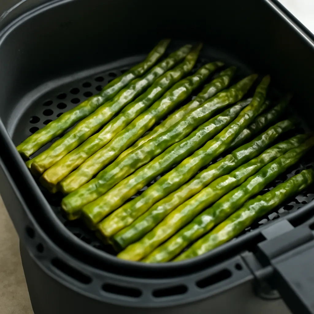 Air fryer asparagus cooked golden in the basket