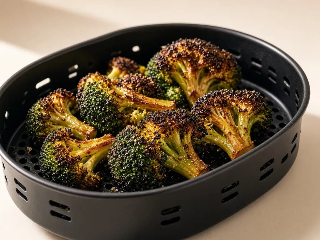 Air fryer broccoli cooked golden in the basket