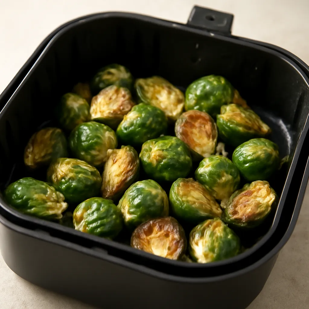 Air fryer brussels sprouts cooked golden in the basket