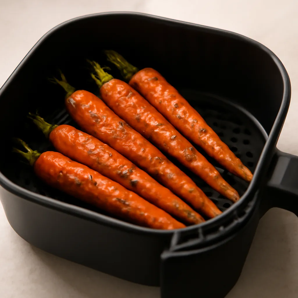 Air fryer carrots cooked golden in the basket