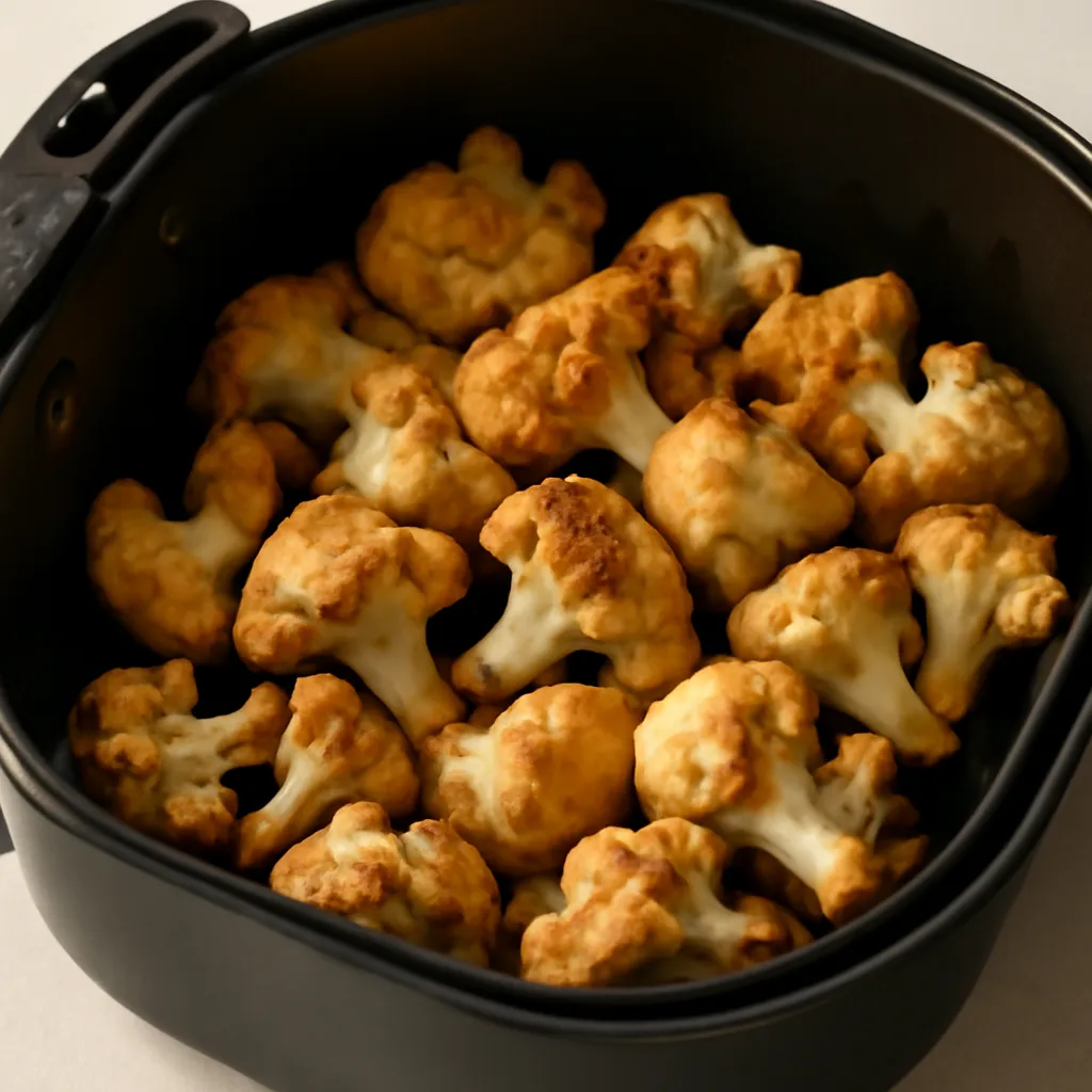 Air fryer cauliflower cooked golden in the basket