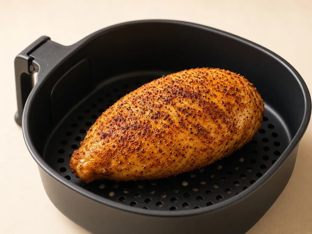 Air fryer chicken breast cooked golden in the basket
