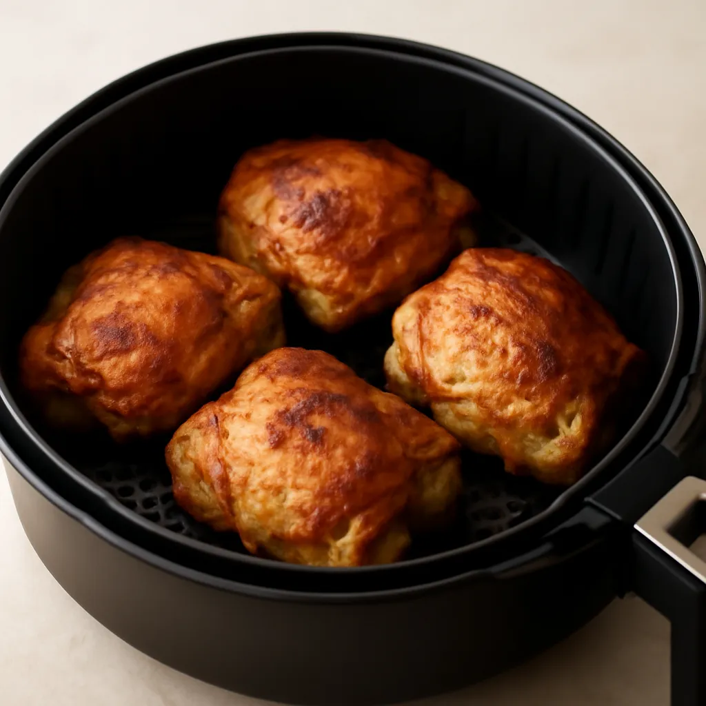 Air fryer chicken thighs cooked golden in the basket