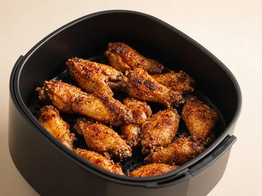 Air fryer chicken wings cooked golden in the basket