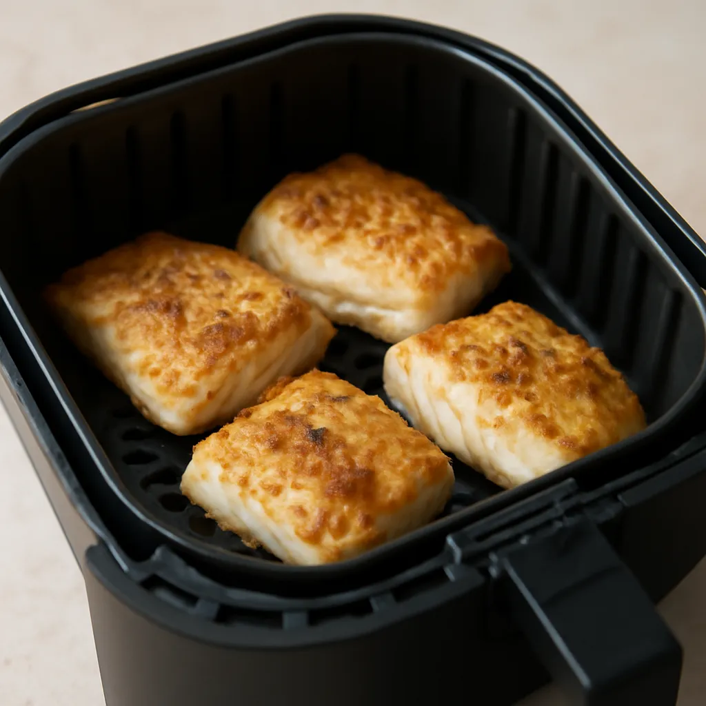 Air fryer cod cooked golden in the basket
