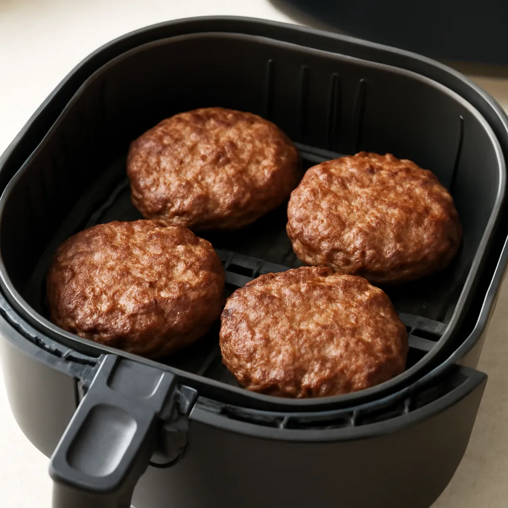 Crispy air fryer frozen burgers in the basket