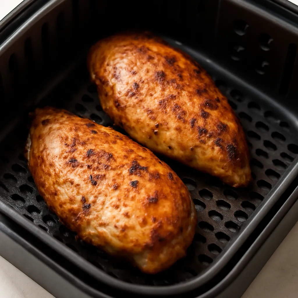 Crispy air fryer frozen chicken breast in the basket