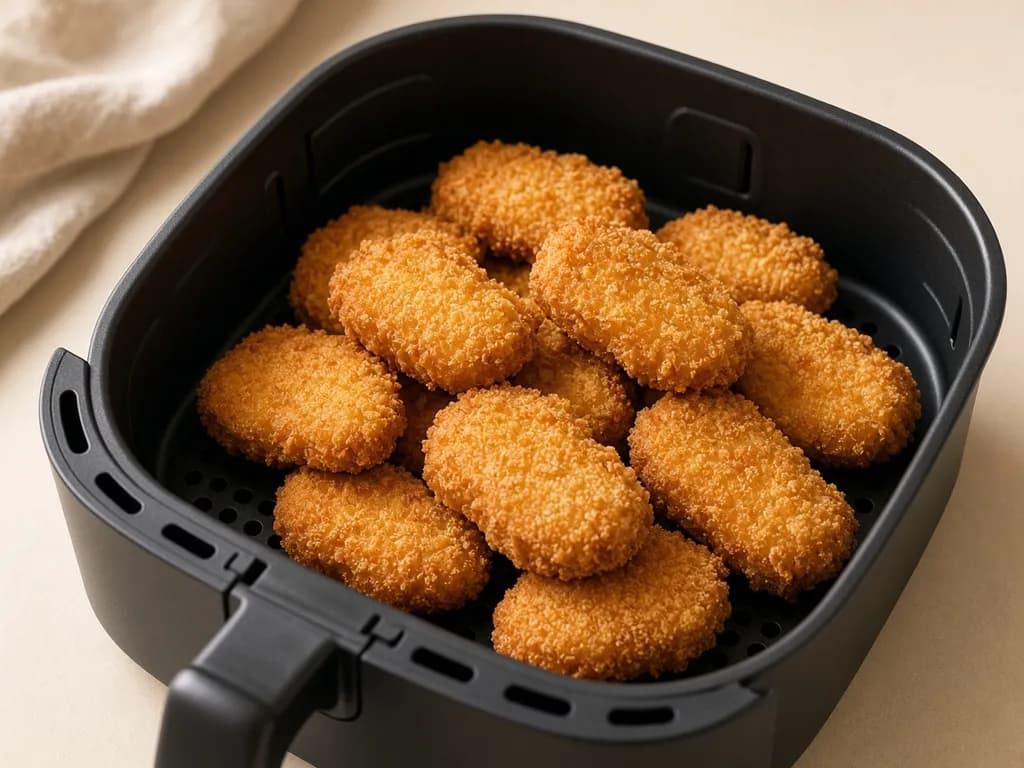 Crispy air fryer frozen chicken nuggets in the basket