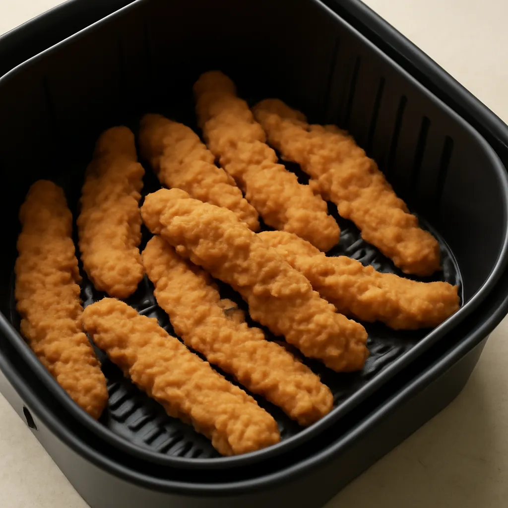 Crispy air fryer frozen chicken strips in the basket