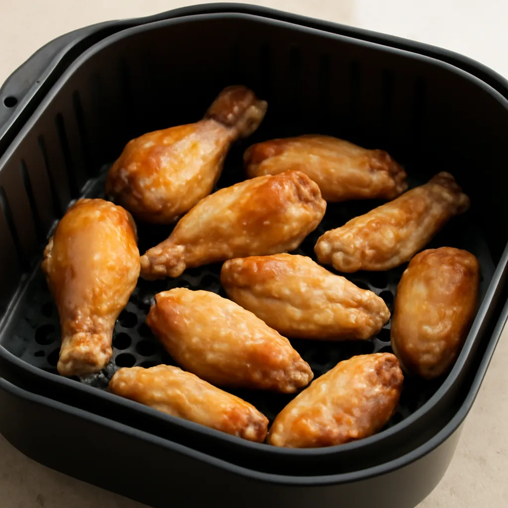 Crispy air fryer frozen chicken wings in the basket
