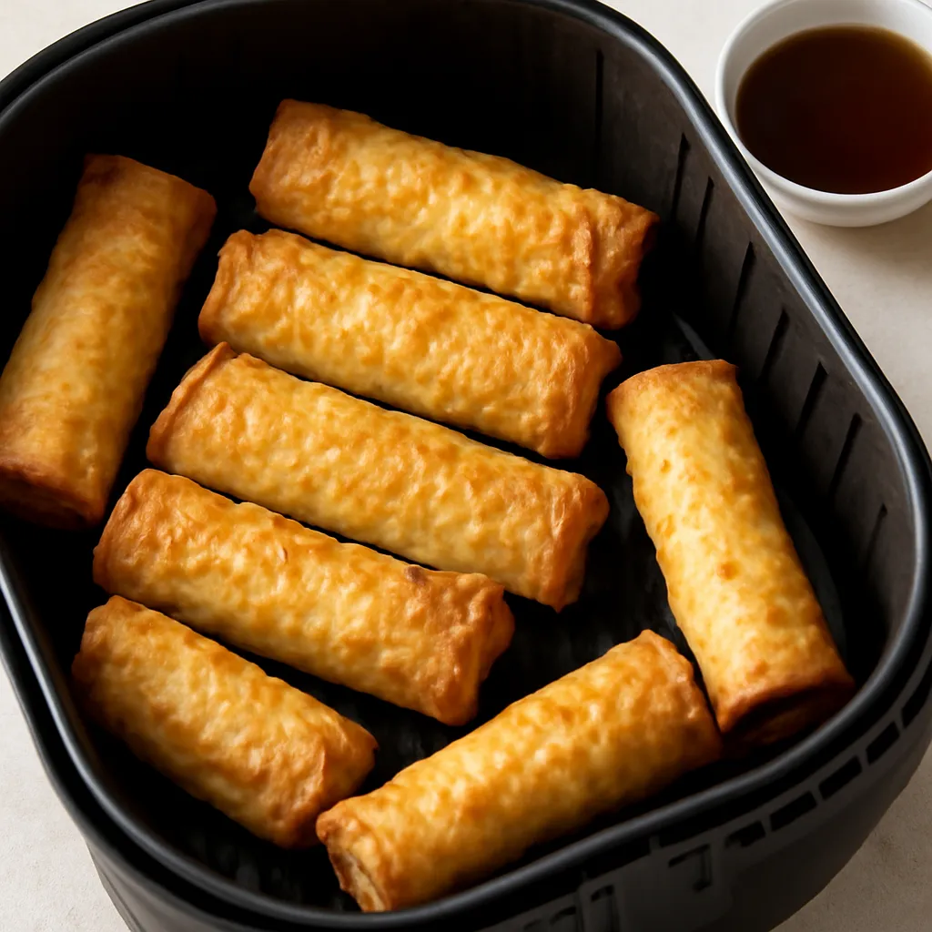 Crispy air fryer frozen egg rolls in the basket