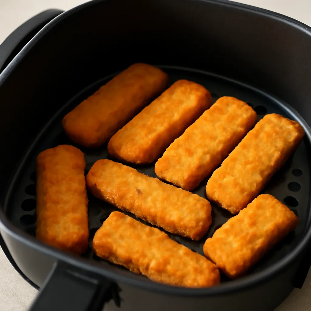 Crispy air fryer frozen fish fingers in the basket