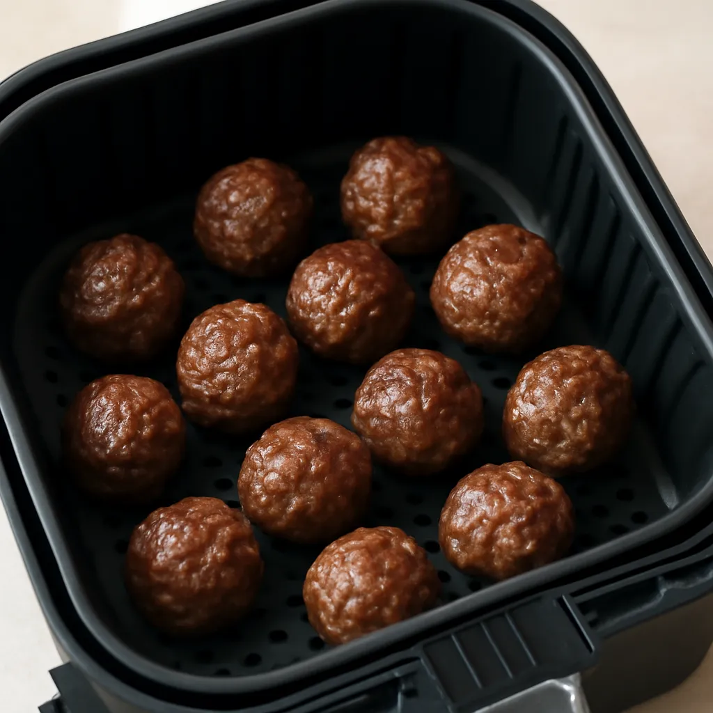 Crispy air fryer frozen meatballs in the basket