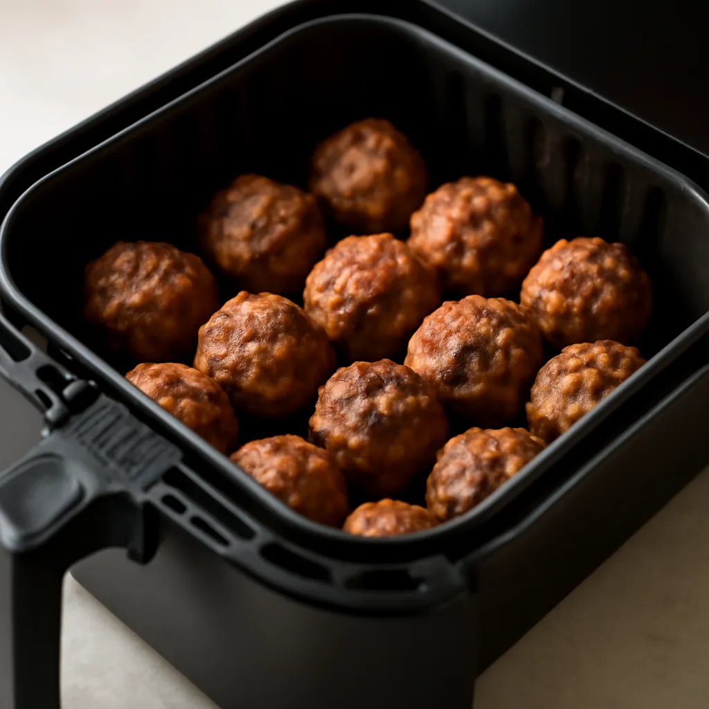 Air fryer meatballs cooked golden in the basket