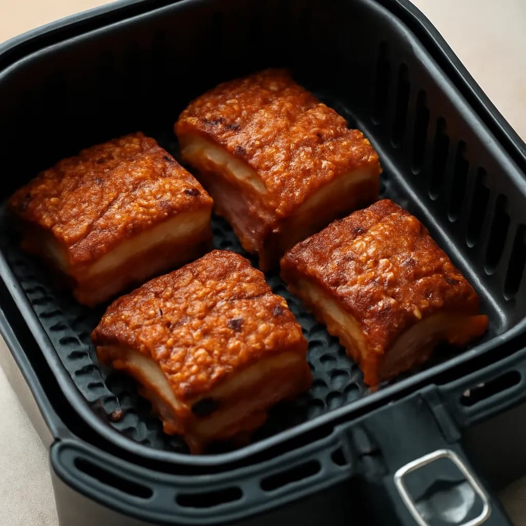 Air fryer pork belly cooked golden in the basket