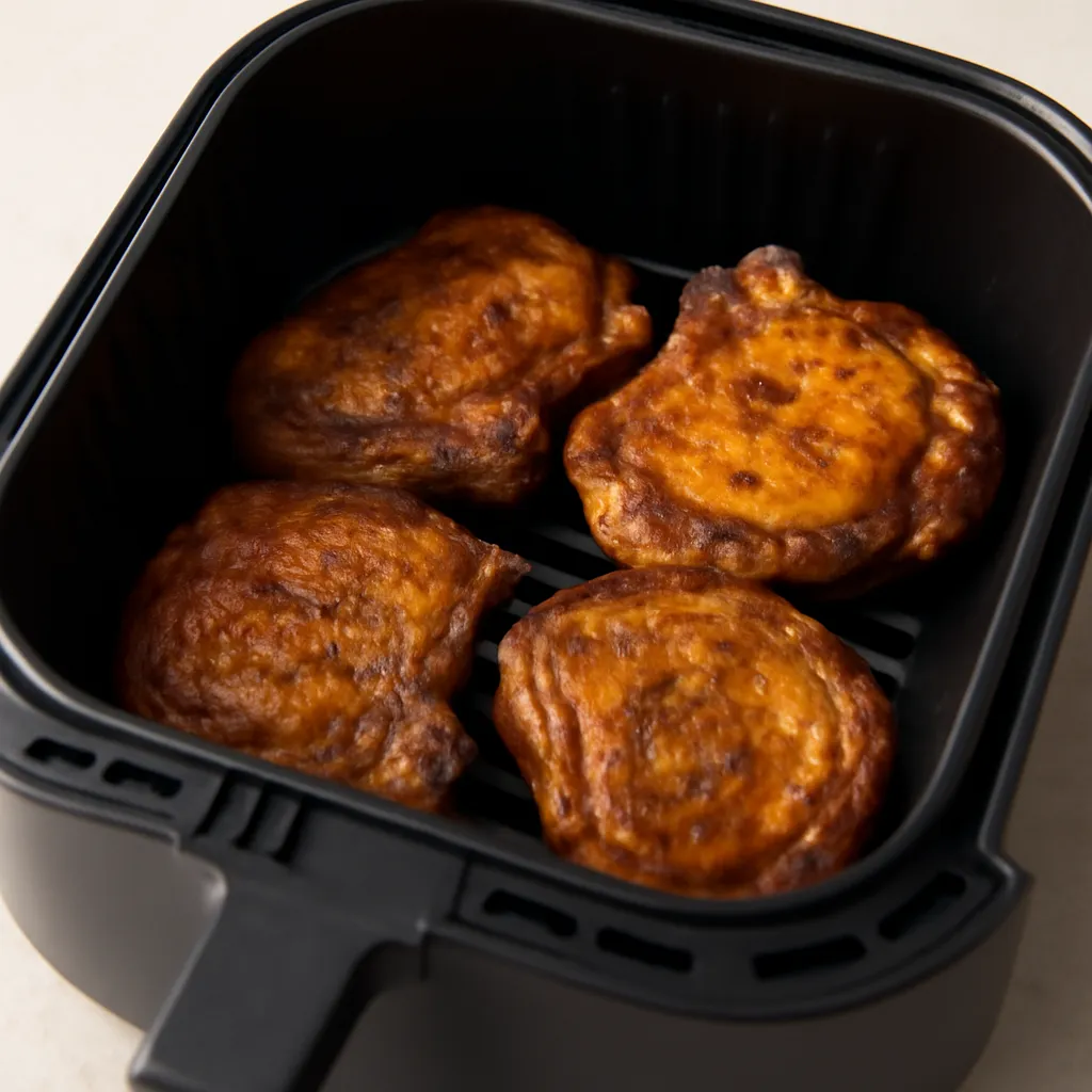 Air fryer pork chops cooked golden in the basket