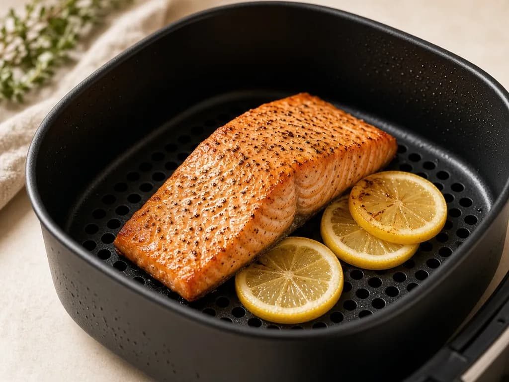 Air fryer salmon cooked golden in the basket