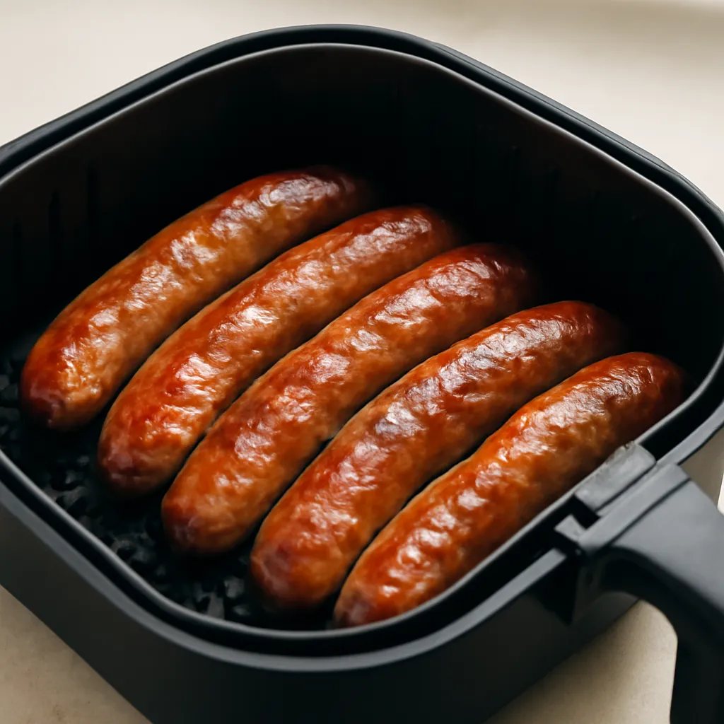 Air fryer sausages cooked golden in the basket