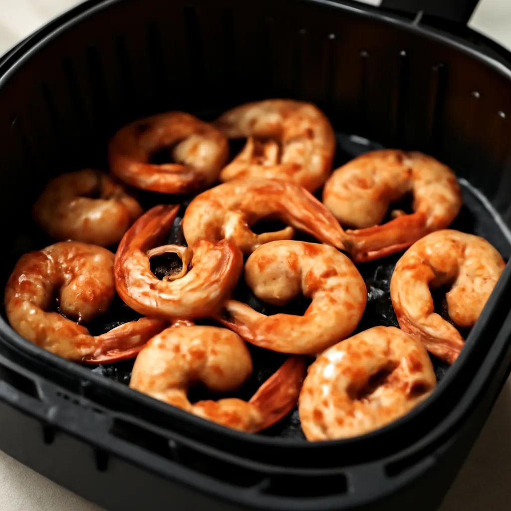 Air fryer shrimp (prawns) cooked golden in the basket