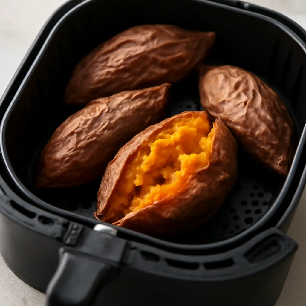 Air fryer sweet potato cooked golden in the basket