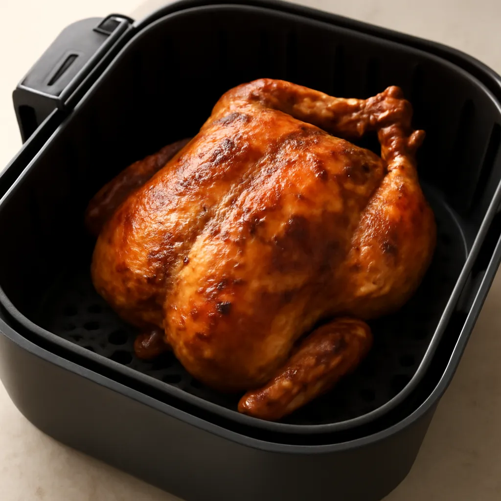 Air fryer whole chicken cooked golden in the basket