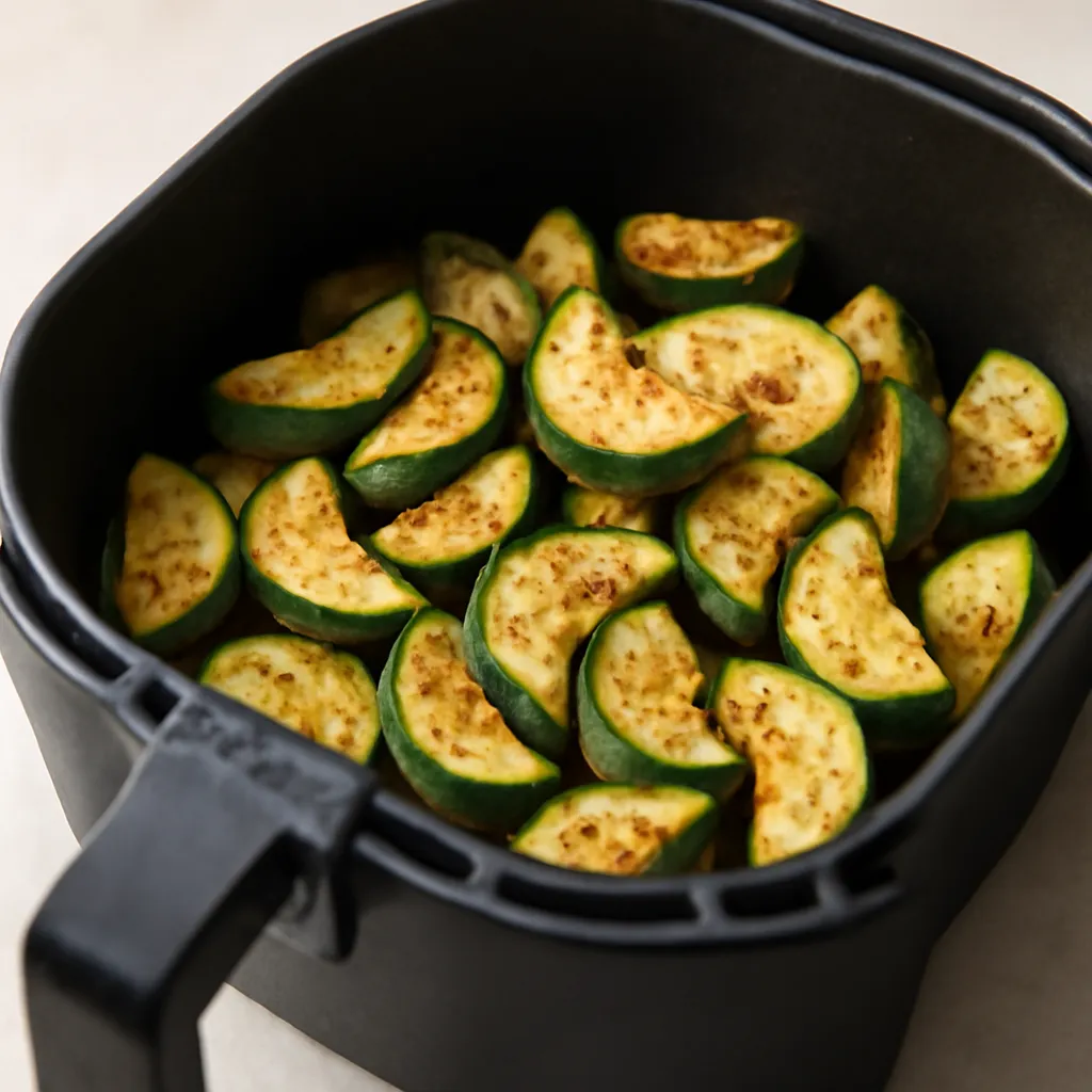 Air fryer zucchini (courgette) cooked golden in the basket
