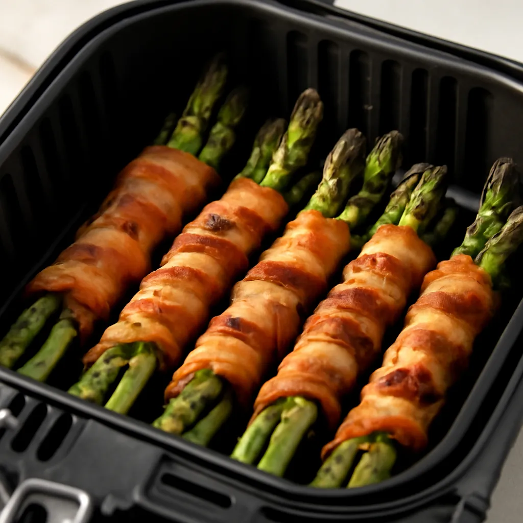 Air Fryer Bacon Wrapped Asparagus served hot