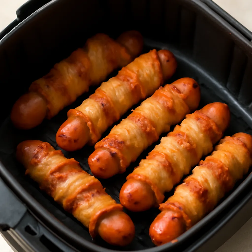 Air Fryer Bacon Wrapped Hot Dogs served hot
