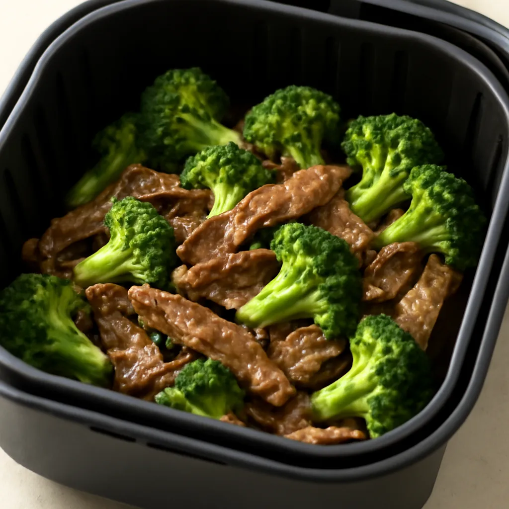 Air Fryer Beef And Broccoli served hot