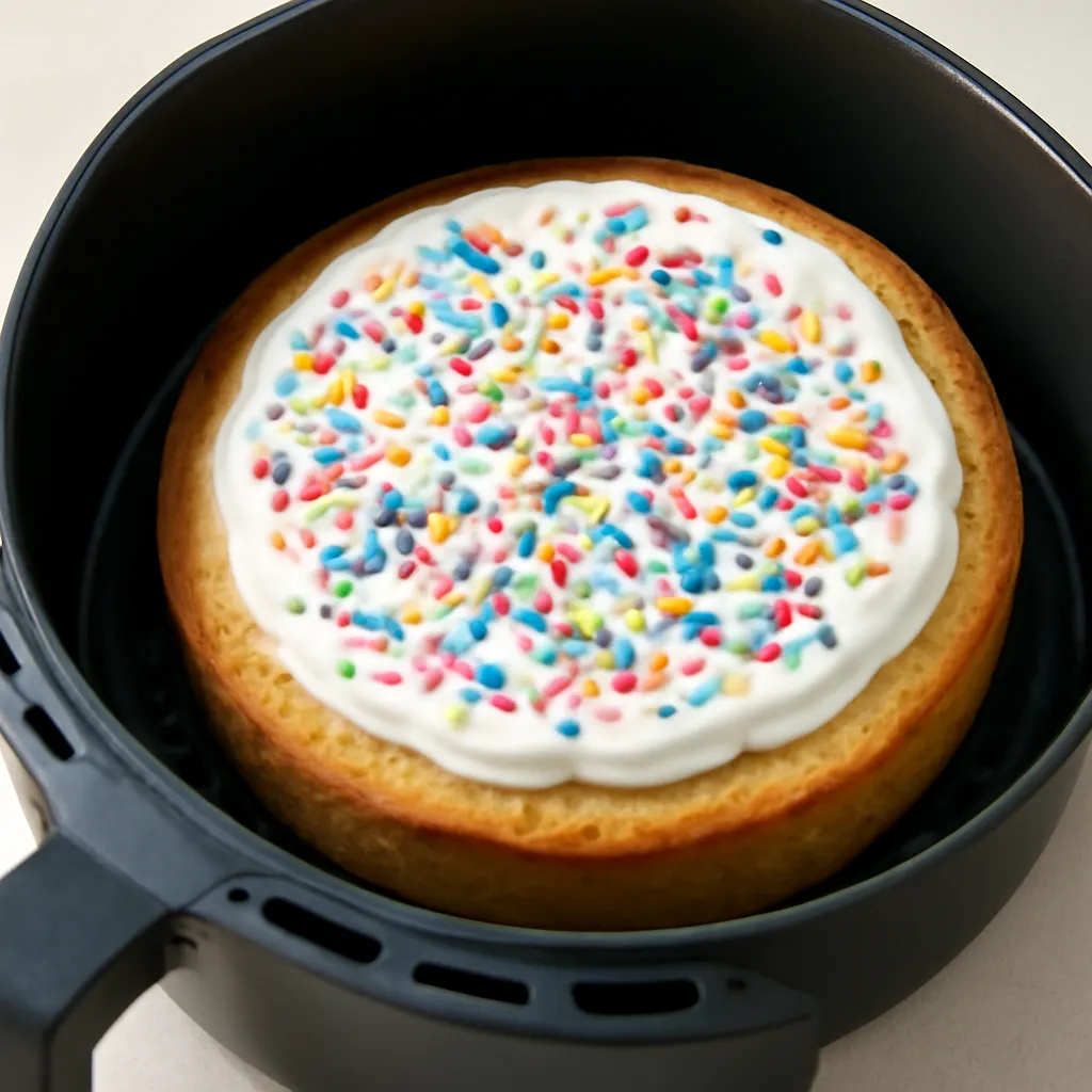 Air Fryer Birthday Cake served hot