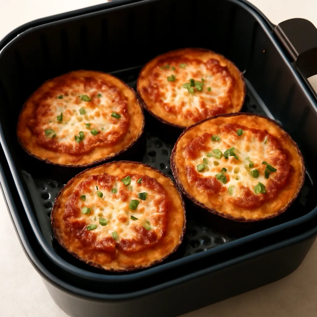 Air Fryer Eggplant Parmesan served hot