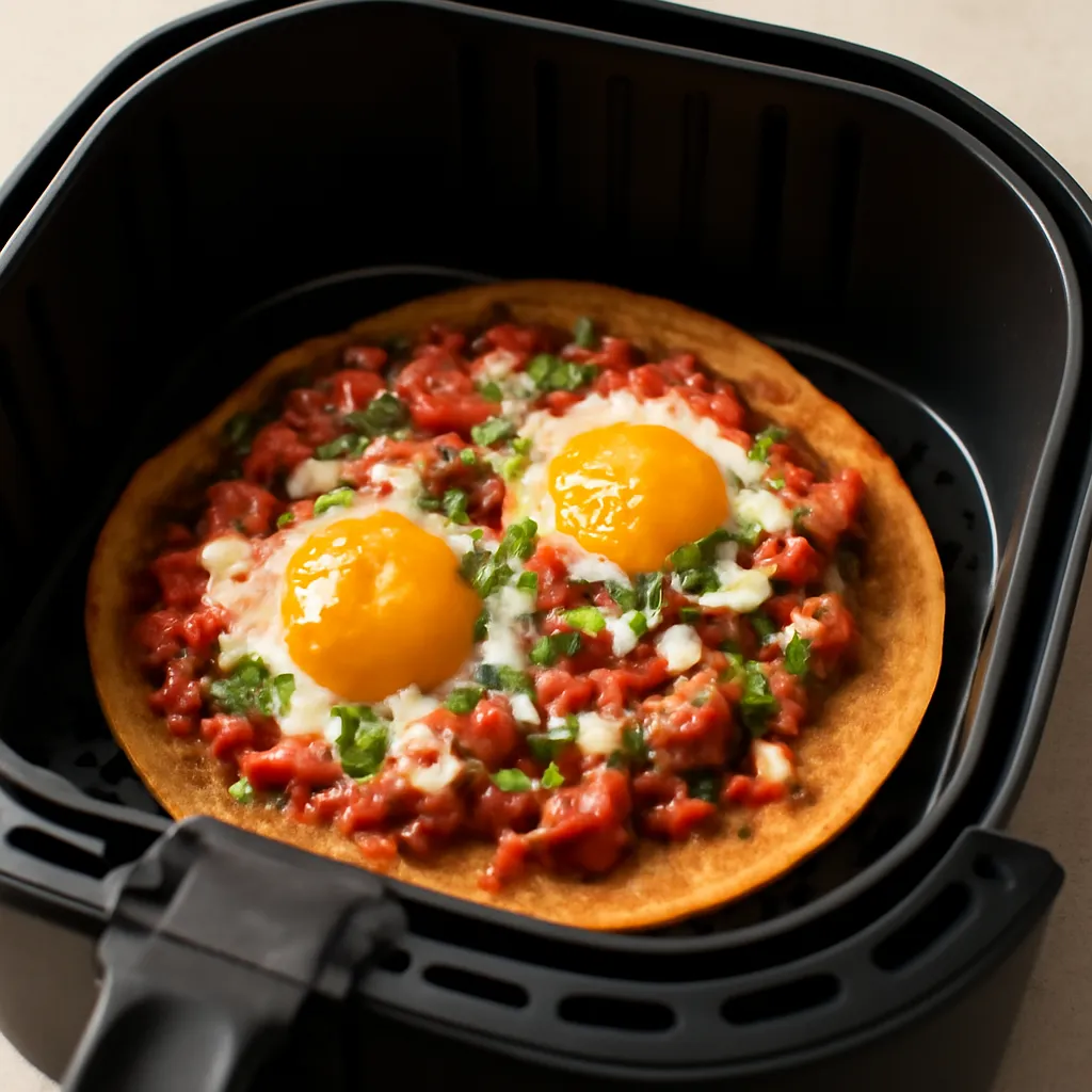 Air Fryer Huevos Rancheros served hot