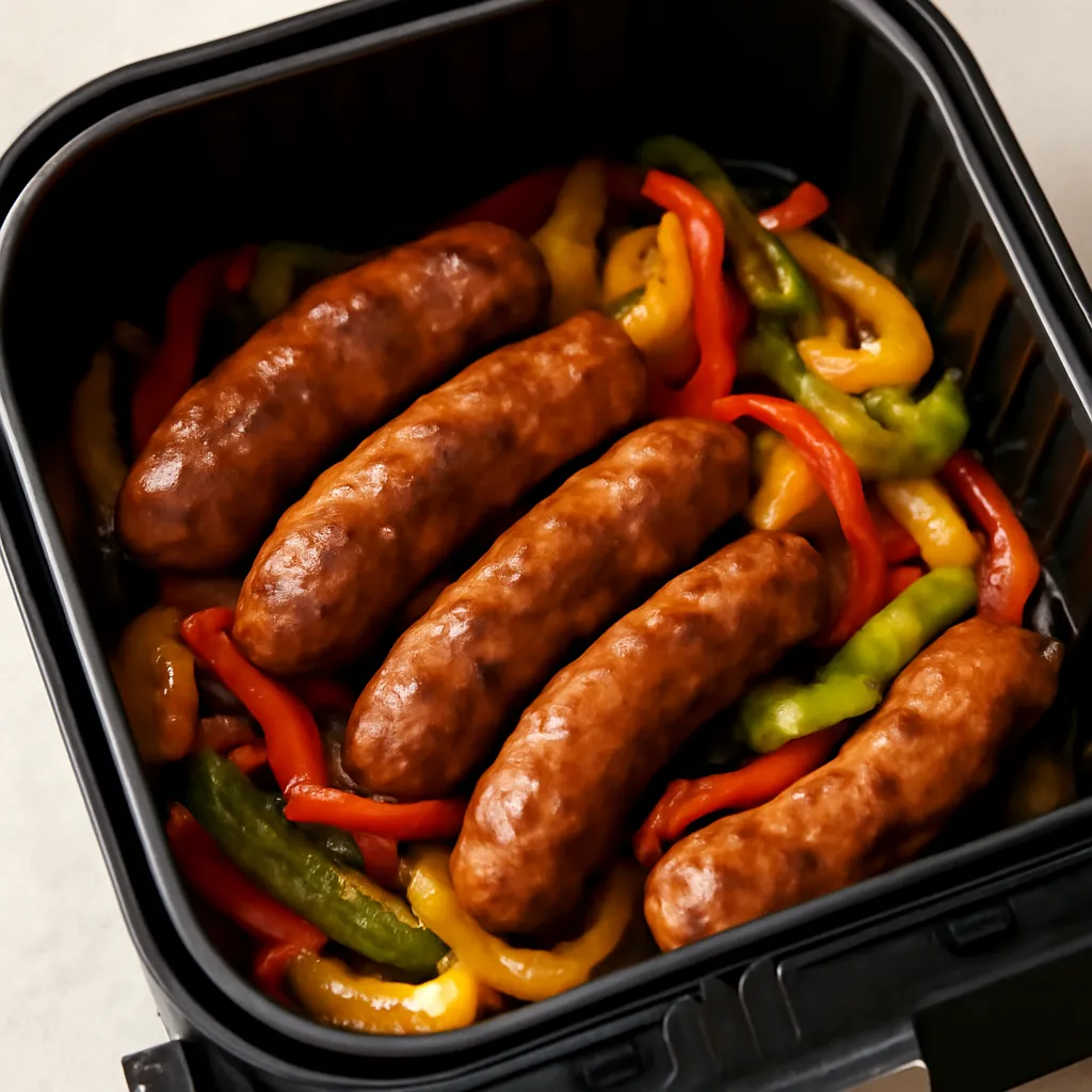 Air Fryer Sausage and Peppers served hot