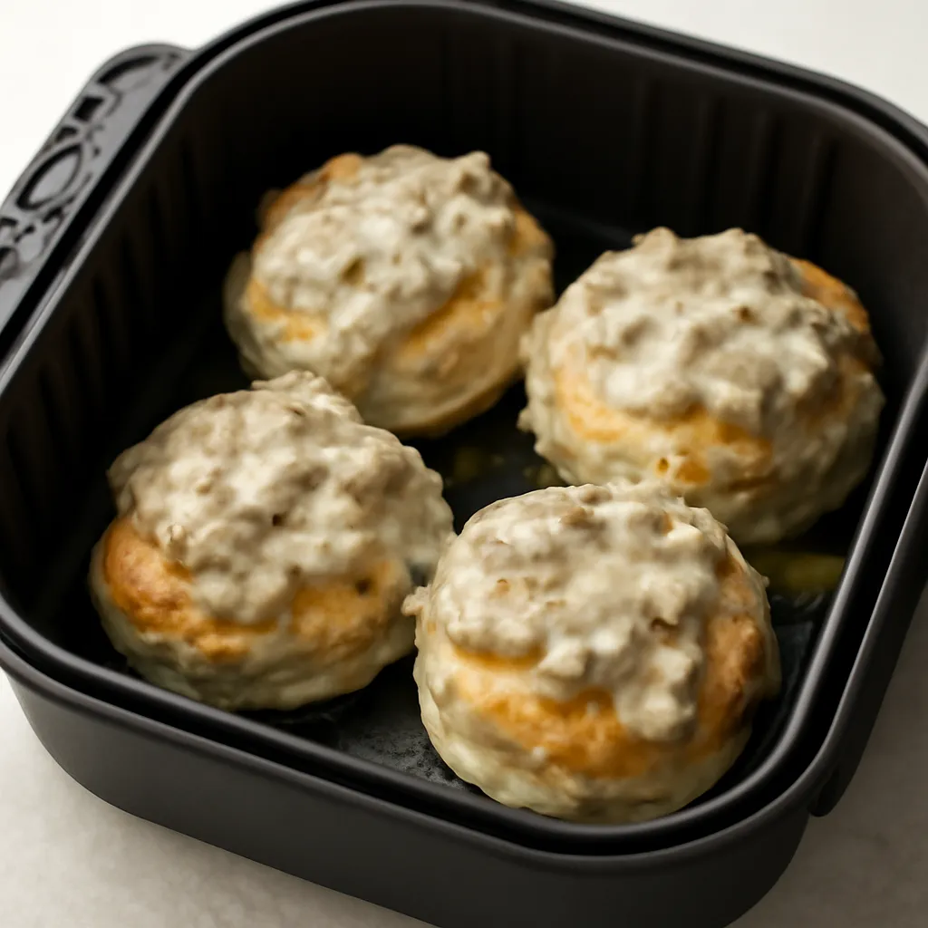 Air Fryer Sausage Gravy and Biscuits served hot