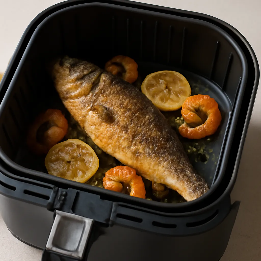 Air Fryer Sea Bass served hot