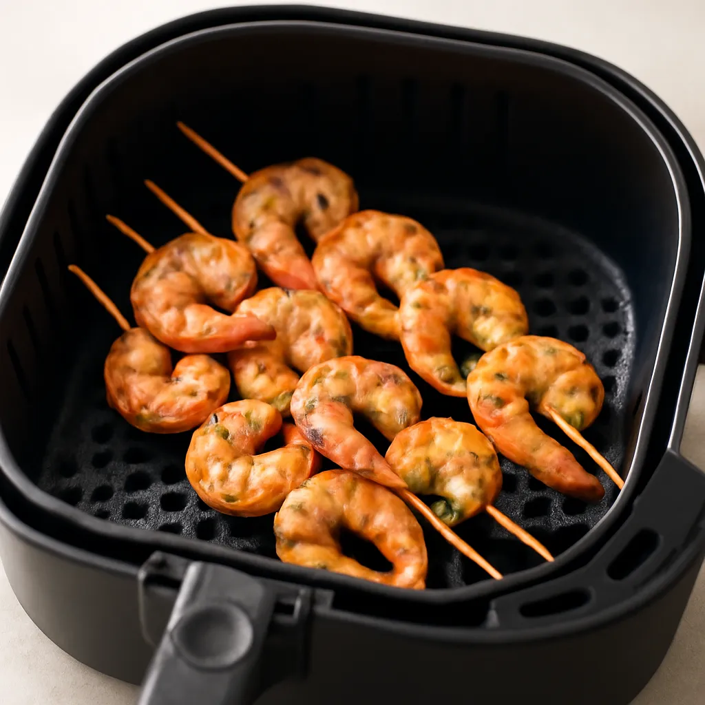 Air Fryer Shrimp Skewers served hot