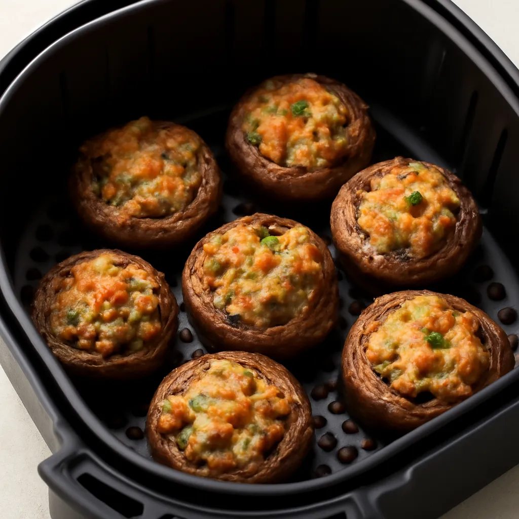 Air Fryer Stuffed Mushrooms served hot