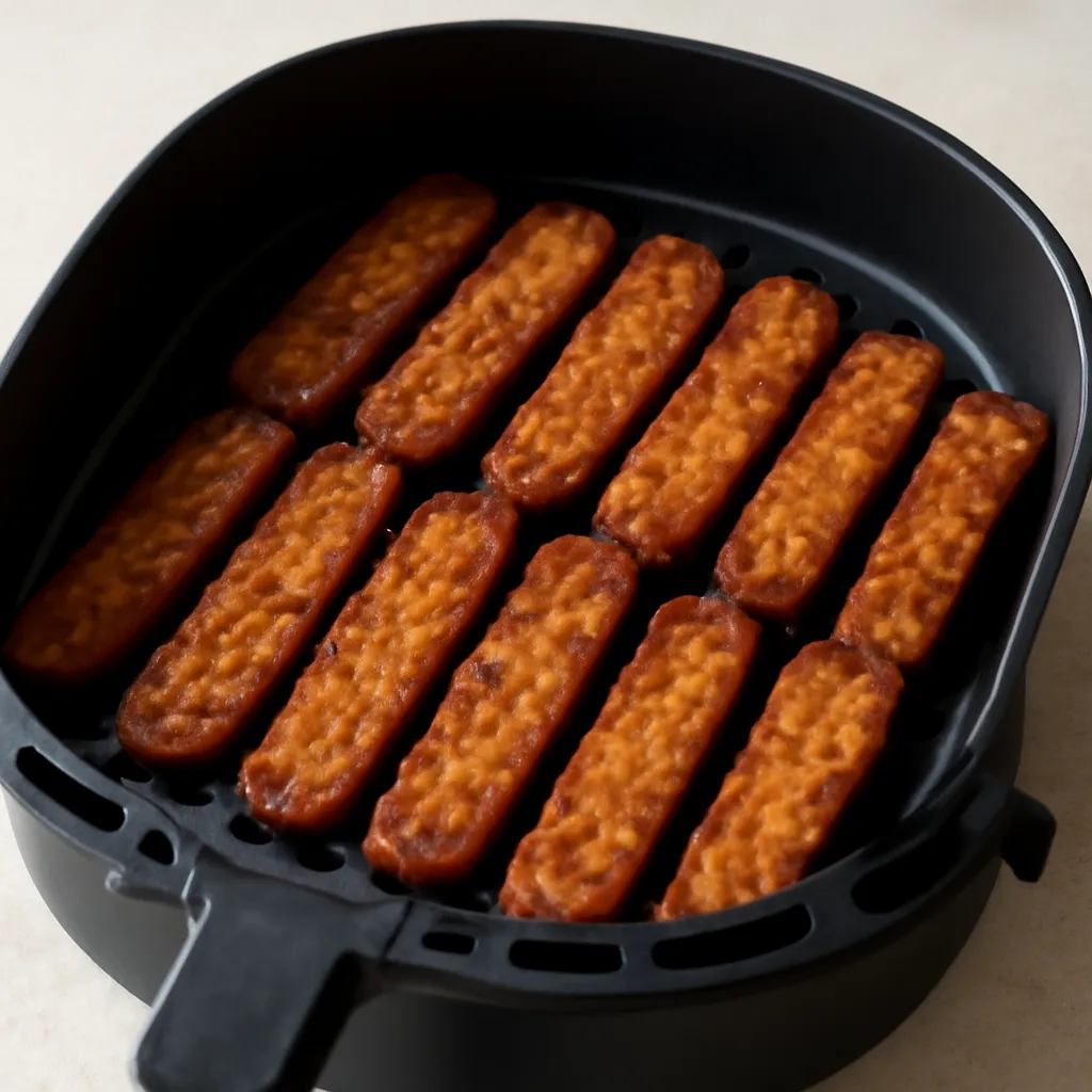 Air Fryer Tempeh Bacon served hot