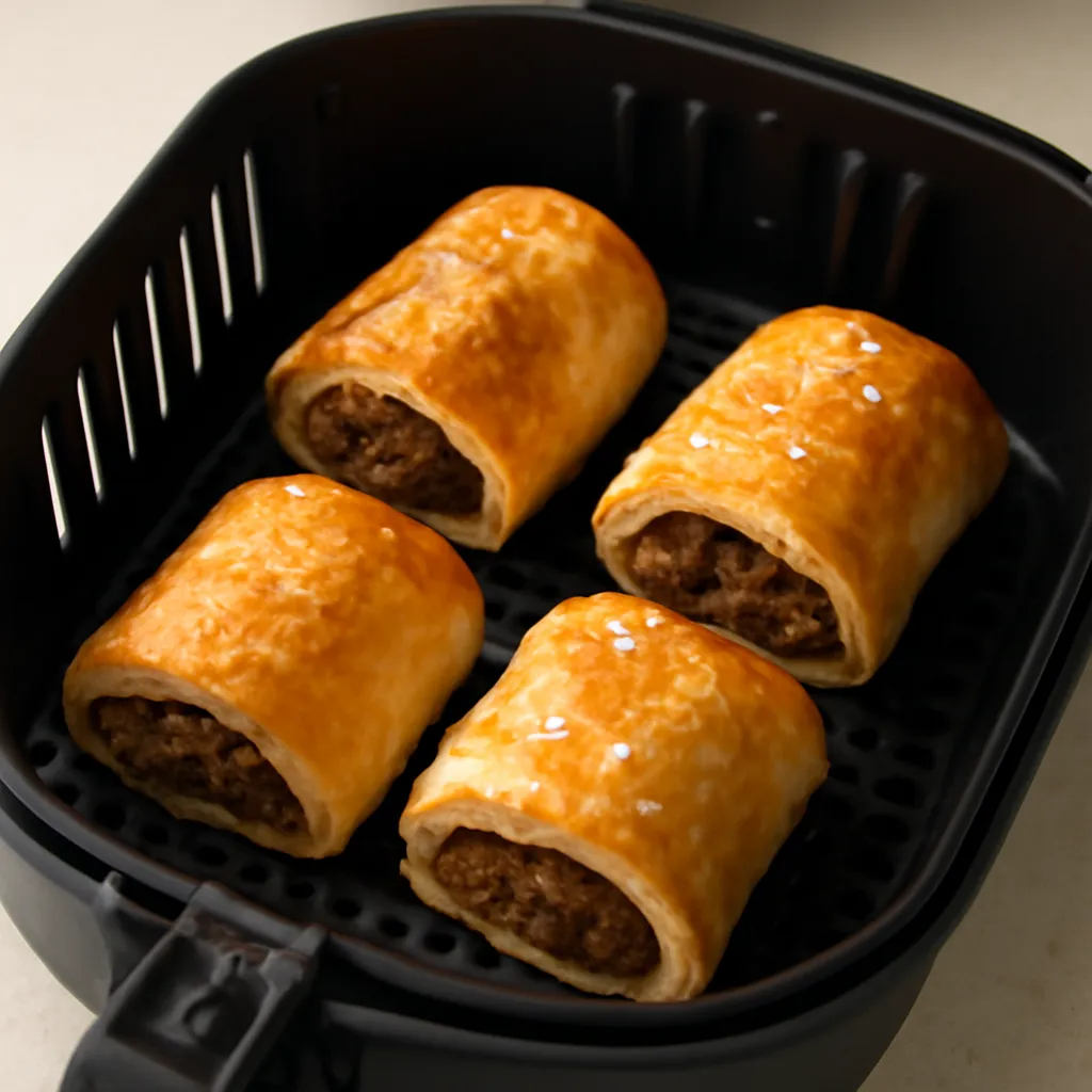 Air Fryer Vegan Sausage Rolls served hot