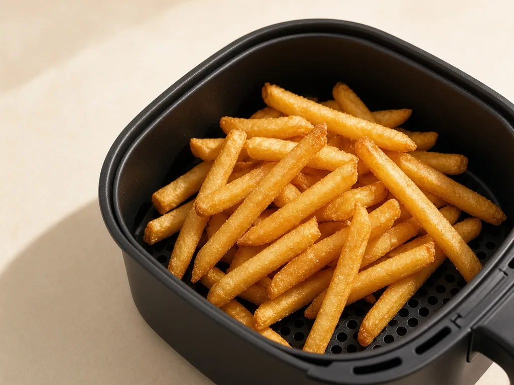 Crispy air fryer frozen fries (chips) in the basket