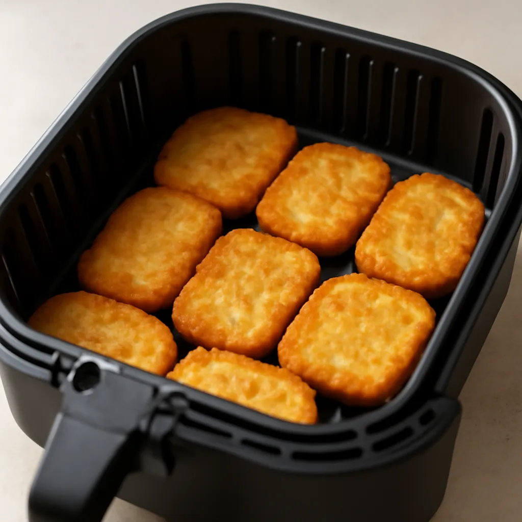 Crispy air fryer frozen hash browns in the basket