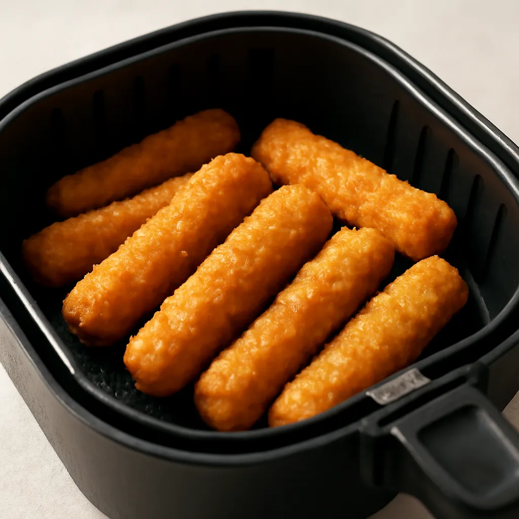 Crispy air fryer frozen mozzarella sticks in the basket