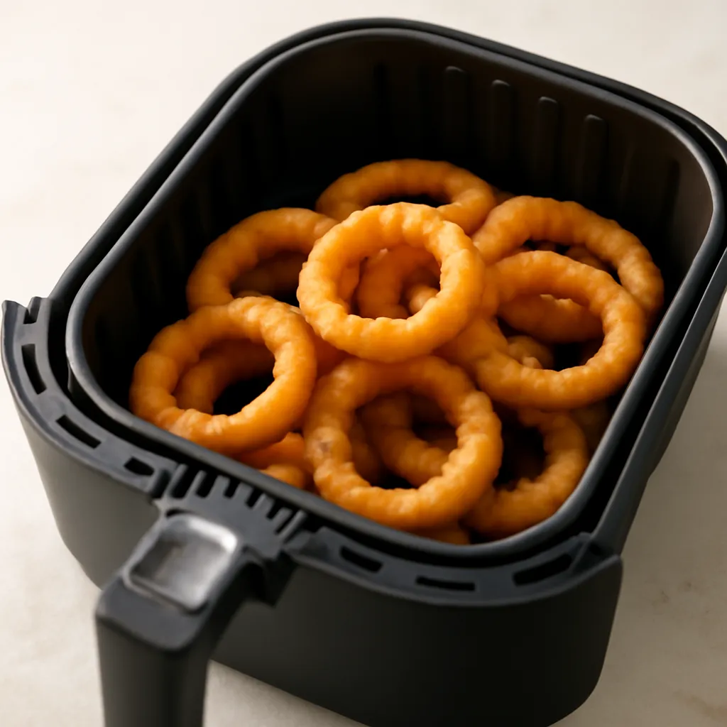 Crispy air fryer frozen onion rings in the basket
