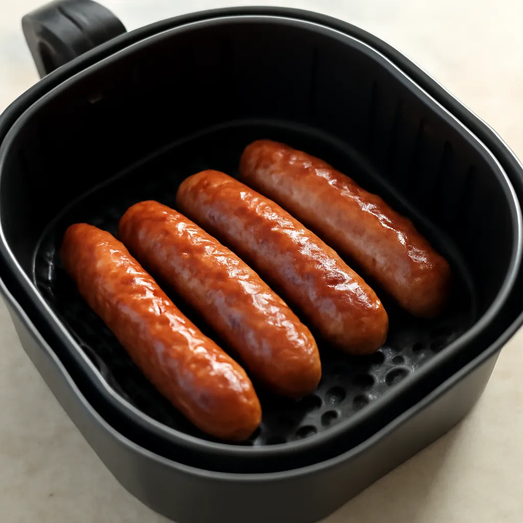 Crispy air fryer frozen sausages in the basket