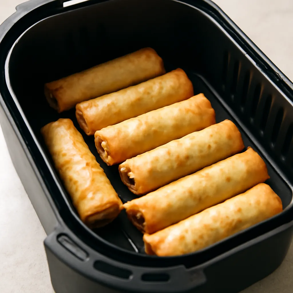 Crispy air fryer frozen spring rolls in the basket